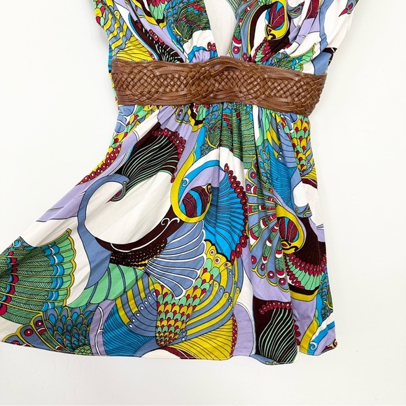 Sky Peacock Print Leather Braided Belt Silk Top - Picture 5 of 9